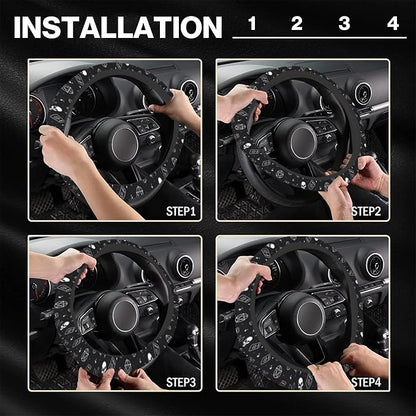 Gothic Skull Cat Steering Wheel Cover for Women, Cute Breathable Anti Slip Stretch Neoprene Car Protector Accessories Universal 15 Inch-Black (Tarot, Spell Book)
