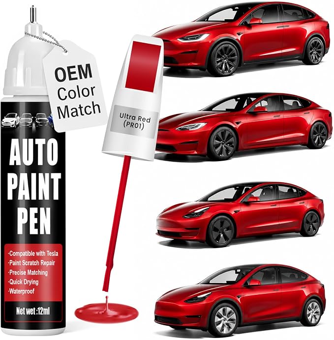 Touch Up Paint for Cars (Ultra Red PR01), Compatible with Tesla Model Y/3/S/X, 0.4 fl oz Color Accurate 2-in-1 Car Paint Scratch Repair Pen, Professional Grade, Fast-Drying & Long-Lasting