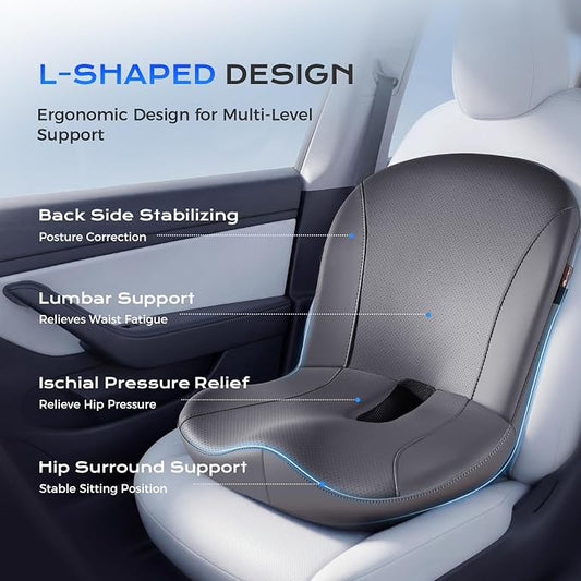 Coverado Car Seat Cushion and Lumbar Support Pillow One Piece, Napa Leather Memory Foam Ergonomic Back Support Driving Seat Cushion for Back Pain, Non-Slip Washable Cushion for Car, Driver, Office