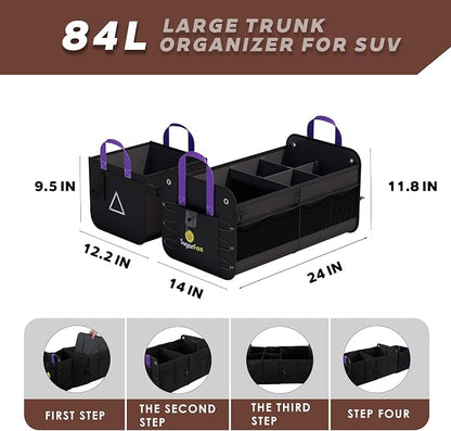 SugarFox Car Trunk Organizer SUV, 84L SUV Trunk Organizer – Waterproof Foldable Modular Trunk Organizer with Mesh Pockets, Non-Slip Base, Black - M313