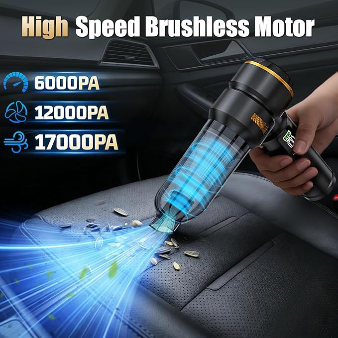 Handheld Car Vacuum Cordless, 17000PA Mini Car Vacuum Portable Cordless, Brushless Motor with Digital Display, Car Vacuum Cleaner for Office Desk Home Kitchen Car Pet Hair, Travel