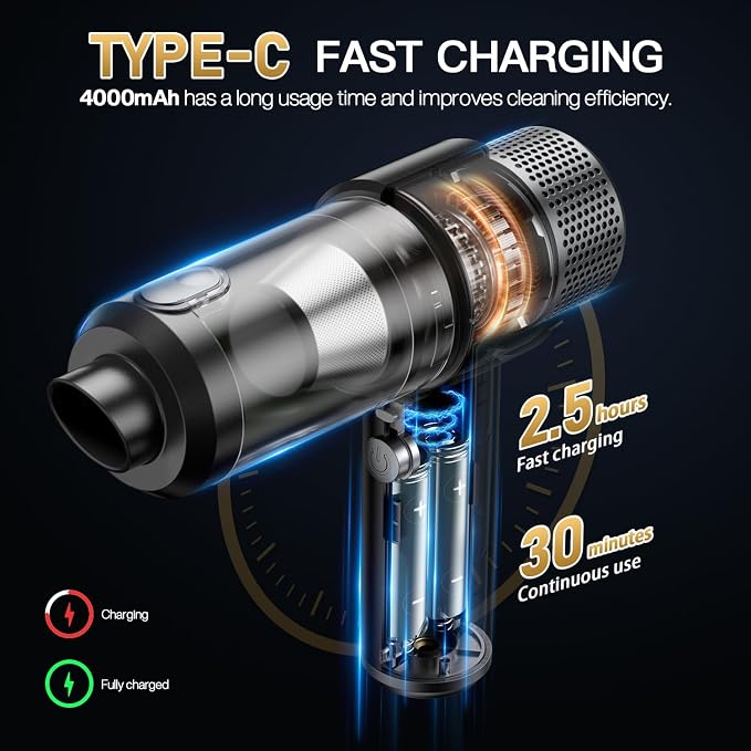 Handheld Car Vacuum Cleaner, 16000PA Car Vacuum Portable Cordless,4 in 1 Air Duster and Vacuum Cleaner with LED Light，Dual Filters, High Power Handheld Used for Home, Pet, Office