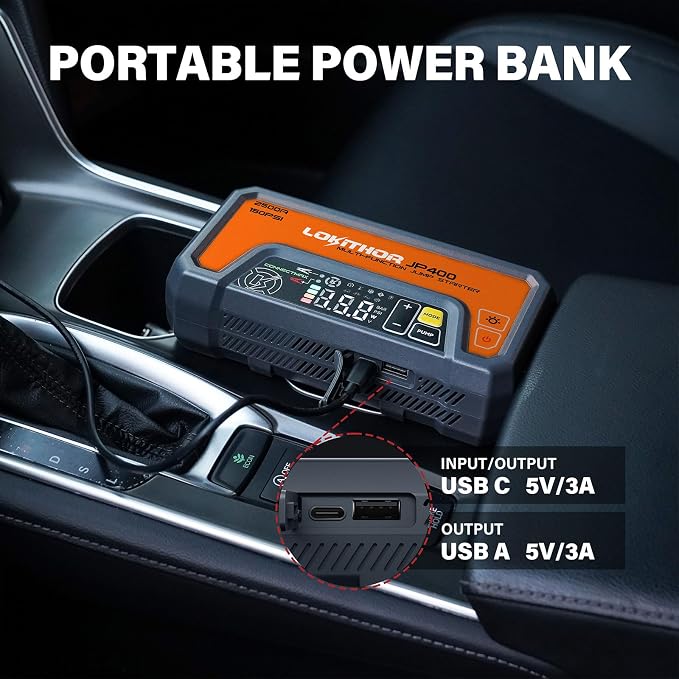 LOKITHOR JP400 Jump Starter with Air Compressor, 2500A 12V Portable Car Battery Booster Pack (8.5L Gas/6.5L Diesel) with ConnectMax Tech, 150PSI Tire Inflator, Auto-Shutoff & Dynamic Dwell (Orange)