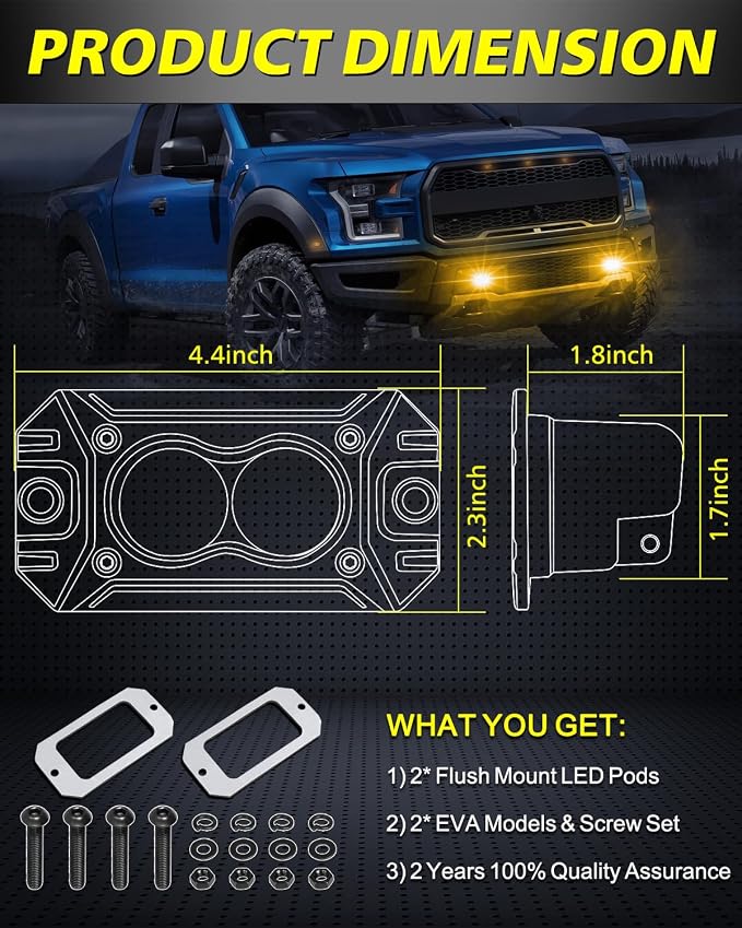 Amber Flush Mount LED Pods, AKD Part Spot CREE LED Flush Mount Fog Lights 40W Amber Chase Lights Bumper Driving Backup Reverse Light Pods for Trucks Pickup SUV UTV ATV Snowmobile