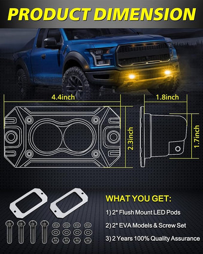Amber Flush Mount LED Pods, AKD Part Spot CREE LED Flush Mount Fog Lights 40W Amber Chase Lights Bumper Driving Backup Reverse Light Pods for Trucks Pickup SUV UTV ATV Snowmobile