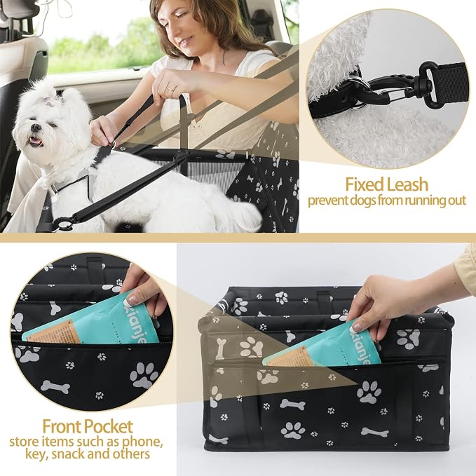 Dog Car Seat, Foldable Dog Car Booster Seat Waterproof Breathable Oxford Travel Bag for Small to Medium Dogs, Puppies, and Pets-Pattern Black