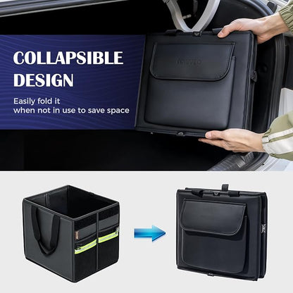 Coverado Trunk Organizer for Car- Nappa Leather Trunk Organizer for SUV with Lid, 30L Multi Collapsible Car Storage Organizer Foldable, Multi Compartments with 2 Straps for SUV/Truck