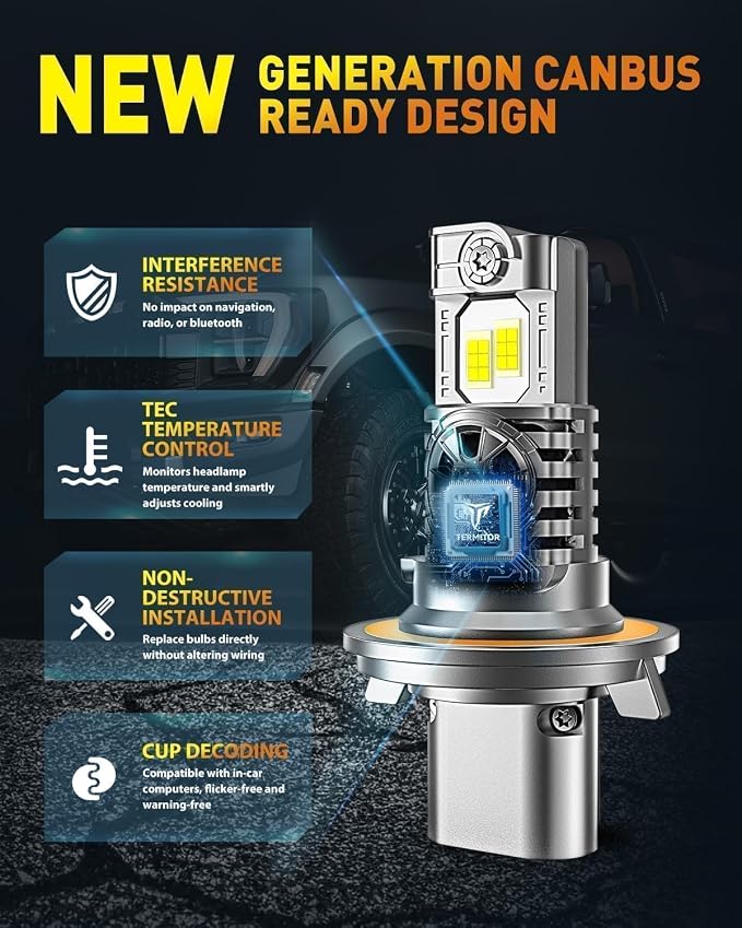Termitor Latest H13/9008 LED Bulbs, 100,000LM Brightness High/Low Beam, 85000+ Hours Long Service Life, 6500K Cool White, Real 1:1 Halogen Size H13 Fog Light Bulbs, 3 Mins Plug N Play, Pack of 2