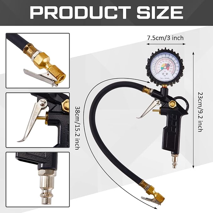 2 Pieces Tire Inflator Deflator Air Pressure Gauge with Rubber Hose 220 PSI Pressure Gauge Air Chuck, 2.8 Inch Dial and Straight Brass Lock on Chuck for RV Car Motorcycle Bike Attachment