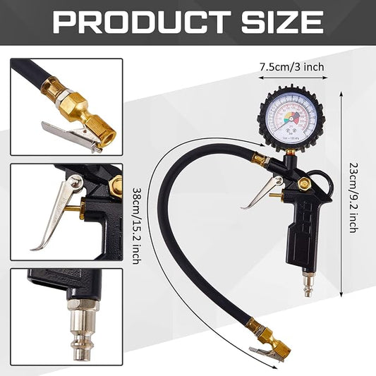 2 Pieces Tire Inflator Deflator Air Pressure Gauge with Rubber Hose 220 PSI Pressure Gauge Air Chuck, 2.8 Inch Dial and Straight Brass Lock on Chuck for RV Car Motorcycle Bike Attachment