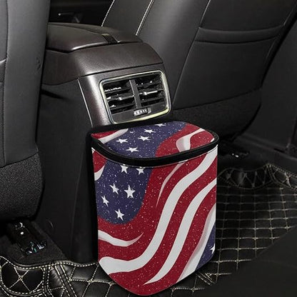 Talayituse American Flag Star Print Car Trash Can with Lid, 4th of July Leak Proof Auto Trash Bag Hanging Vehicle Garbage Can Multipurpose Storage Container for Back Seat Road Trip