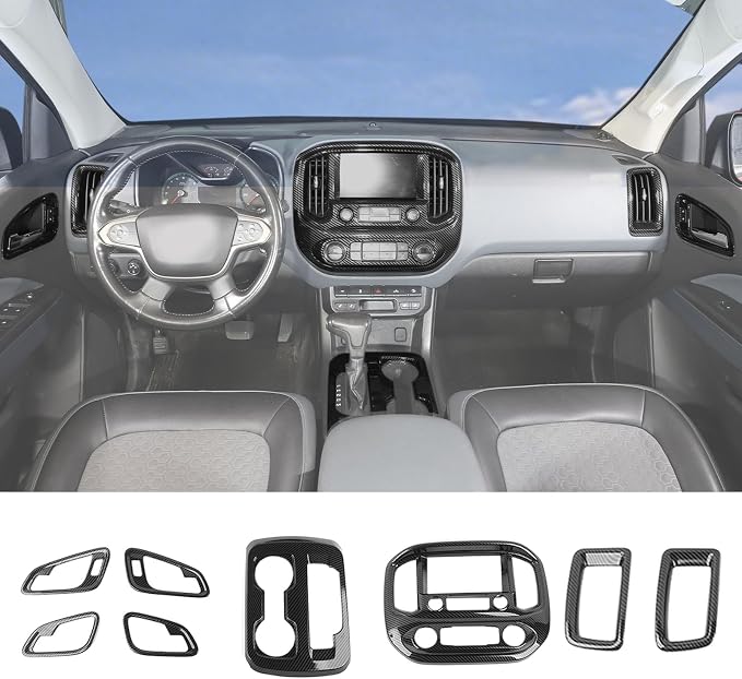 JeCar 8pcs Carbon Fiber Interior Accessories Trim Kit for 2014-2022 Chevy Colorado & GMC-Canyon - Center Console Gear Shift Cup Holer Cover, Dashboard Navigation Screen Panel Decoration Upgrade