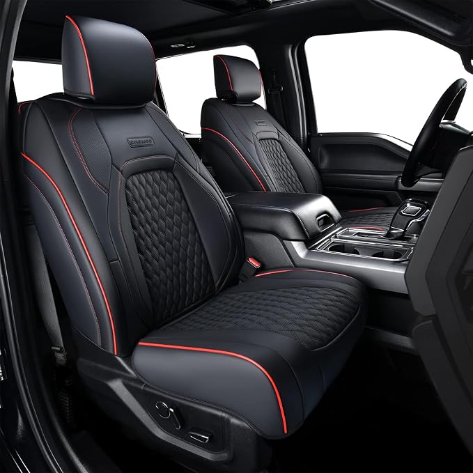 Coverado Full Set Leather Car Seat Covers for F150,Waterproof Automotive Seat Covers for Cars,SUVs,Pickup Trucks,Compatible with 2015-2026 F150 SuperCrew,2017-2026 F250 F350 F450 Crew Cab, Black/Red
