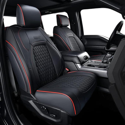 Coverado Full Set Leather Car Seat Covers for F150,Waterproof Automotive Seat Covers for Cars,SUVs,Pickup Trucks,Compatible with 2015-2026 F150 SuperCrew,2017-2026 F250 F350 F450 Crew Cab, Black/Red