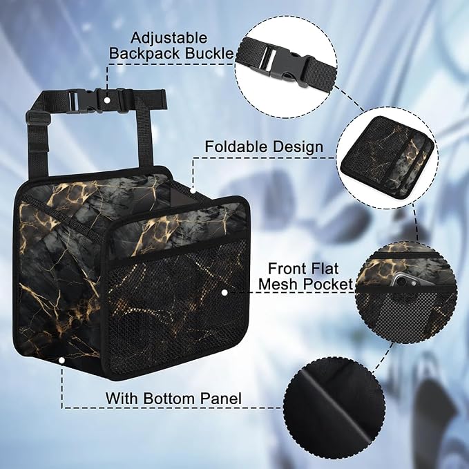 Car Backseat Organizer, PU Leather Back of Seat Cars Hanging Organizer with Pockets Leakproof Car Garbage Bag Hanging Cars Seat Storage Box Travel Accessories Foldable (Marble Black)