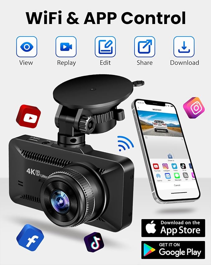 Dash Cam Front Rear 4K/1080P, Dash Camera for Cars Build in WiFi, Full HD Dash Cam with APP Control, 3.94‘’ IPS Screen Dash Camera with 32GB SD Card, G-Sensor, WDR, 24Hr Parking Mote, Loop Recording