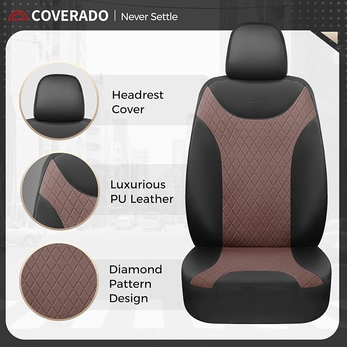 Coverado Car Seat Covers Full Set, Leather Seat Covers for Front and Back Seat, Waterproof Car Seat Protectors with Splicing Design, Automotive Seat Cushions Universal for Most Cars, Black & Coffee
