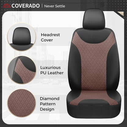 Coverado Car Seat Covers Full Set, Leather Seat Covers for Front and Back Seat, Waterproof Car Seat Protectors with Splicing Design, Automotive Seat Cushions Universal for Most Cars, Black & Coffee