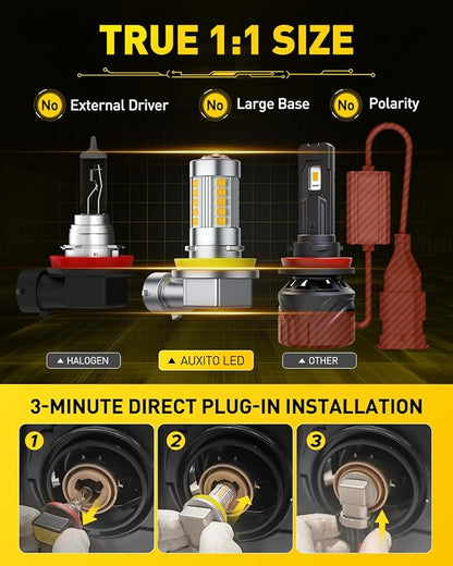 AUXITO Upgraded H11/H8 LED Fog Light Bulbs, 3000K Amber Yellow, 1:1 Mini Size H11/H8/H16 Yellow LED Fog Light Bulbs, 360° Full Illumination(Pack of 2)