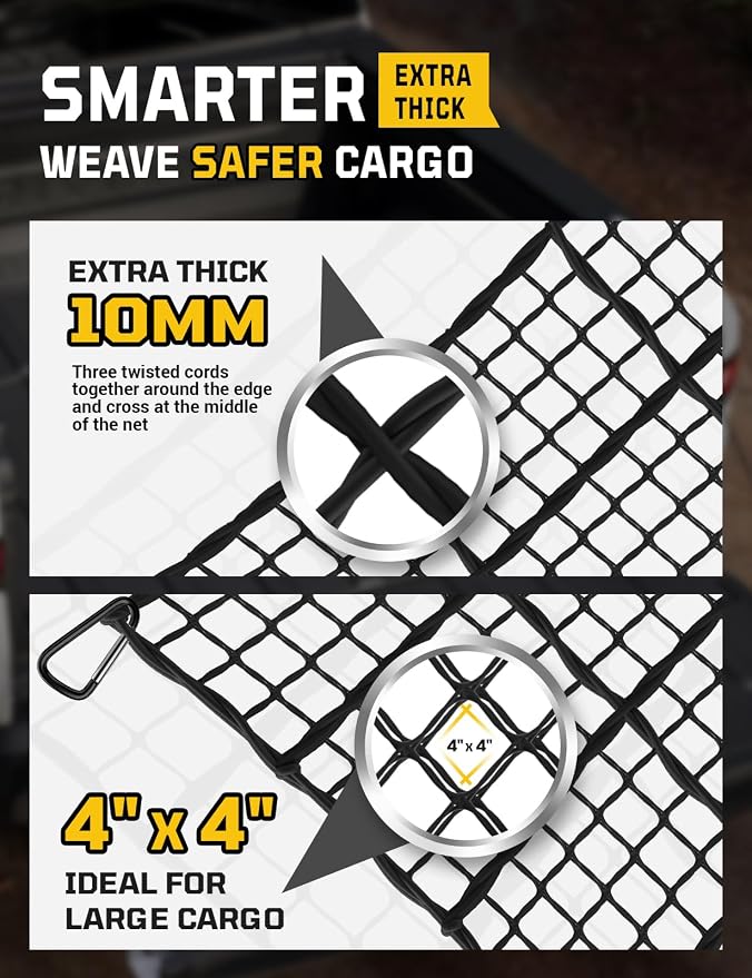 AUTOWN Cargo Net for Pickup Truck Bed - Stretchable 5' x 7' to 10' x 14' with 4" x 4" Mesh, Heavy Duty 10mm Cord Bungee Bed Netting with 12 Metal Carabiners - Ideal for ATV, SUV, UTV and Truck