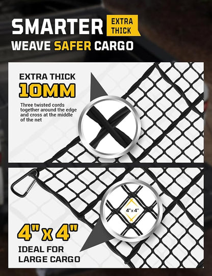 AUTOWN Cargo Net for Pickup Truck Bed - Stretchable 5' x 7' to 10' x 14' with 4" x 4" Mesh, Heavy Duty 10mm Cord Bungee Bed Netting with 12 Metal Carabiners - Ideal for ATV, SUV, UTV and Truck
