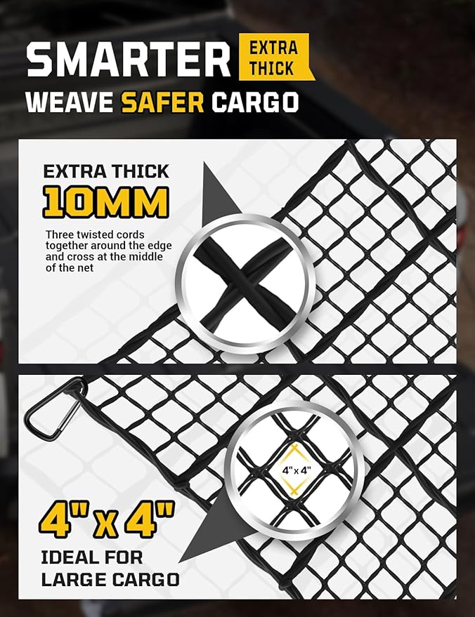 AUTOWN Cargo Net for Pickup Truck Bed - Stretchable 4' x 6' to 8' x 12' with 4" x 4" Mesh, Heavy Duty 10mm Cord Bungee Bed Netting with 12 Metal Carabiners - Ideal for ATV, SUV, UTV and Truck