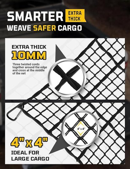 AUTOWN Cargo Net for Pickup Truck Bed - Stretchable 4' x 6' to 8' x 12' with 4" x 4" Mesh, Heavy Duty 10mm Cord Bungee Bed Netting with 12 Metal Carabiners - Ideal for ATV, SUV, UTV and Truck