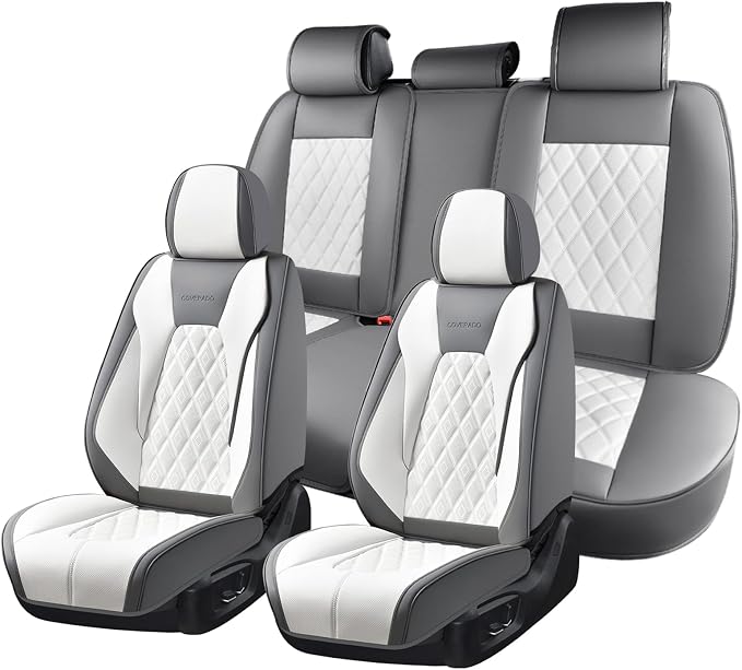 Coverado Front and Back Seat Covers for Cars, 5 Seats Automotive Seat Covers, Faux Leather Car Seat Covers Seat Protectors Car Seat Cushion Carseat Cover Universal Fit for Most Cars Truck - Gray&White