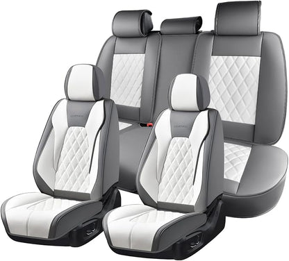 Coverado Front and Back Seat Covers for Cars, 5 Seats Automotive Seat Covers, Faux Leather Car Seat Covers Seat Protectors Car Seat Cushion Carseat Cover Universal Fit for Most Cars Truck - Gray&White