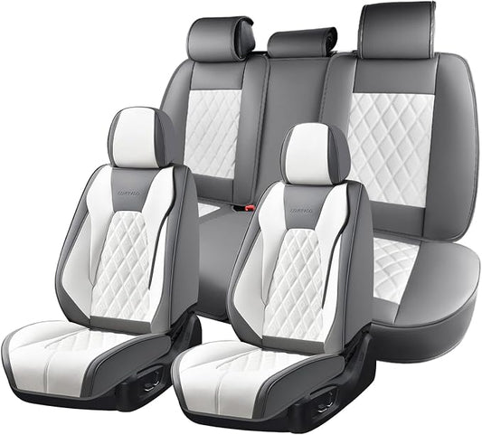Coverado Front and Back Seat Covers for Cars, 5 Seats Automotive Seat Covers, Faux Leather Car Seat Covers Seat Protectors Car Seat Cushion Carseat Cover Universal Fit for Most Cars Truck - Gray&White