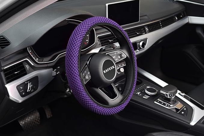 KAFEEK Elastic Stretch Steering Wheel Cover 15 Inch, Breathable Ice Silk Microfiber, Non-Slip Grip, Warm in Winter and Cool in Summer, Odorless, Car Accessories Fit Cars, SUVs, Purple
