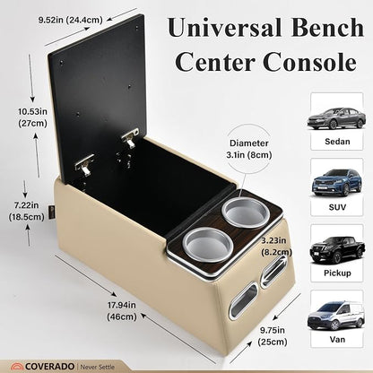 Coverado Car Center Console, Universal Rear Bench Seat Consoles, Truck Seat Organizer and Storage, Back Seat Car Organizer with Cup Holder, Large Storage Box, Central Armrest Box (Regular, Beige)