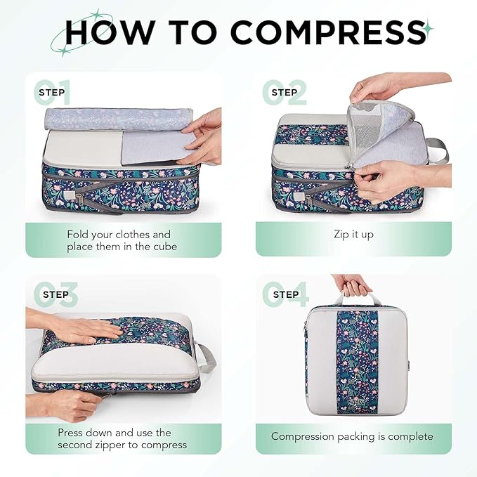 OlarHike 6 Set Compression Packing Cubes for Travel Essentials,Compressible Expandable Space Saver Bags for Organizing Clothes,Luggage Garment Bags with Over 1000 pcs Mesh Holes(Dark Blue Floral)