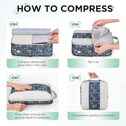 OlarHike 6 Set Compression Packing Cubes for Travel Essentials,Compressible Expandable Space Saver Bags for Organizing Clothes,Luggage Garment Bags with Over 1000 pcs Mesh Holes(Dark Blue Floral)