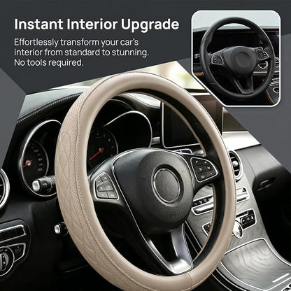 Zpana Car Steering Wheel Cover, 14.5-15" Breathable Soft Leather Vehicle Steering Wheel Protector with Anti-Slip Lining, Comfortable Auto Interior Decoration Accessories, Universal Fit (Beige)