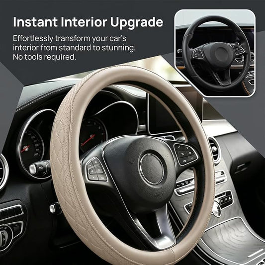 Zpana Car Steering Wheel Cover, 14.5-15" Breathable Soft Leather Vehicle Steering Wheel Protector with Anti-Slip Lining, Comfortable Auto Interior Decoration Accessories, Universal Fit (Beige)