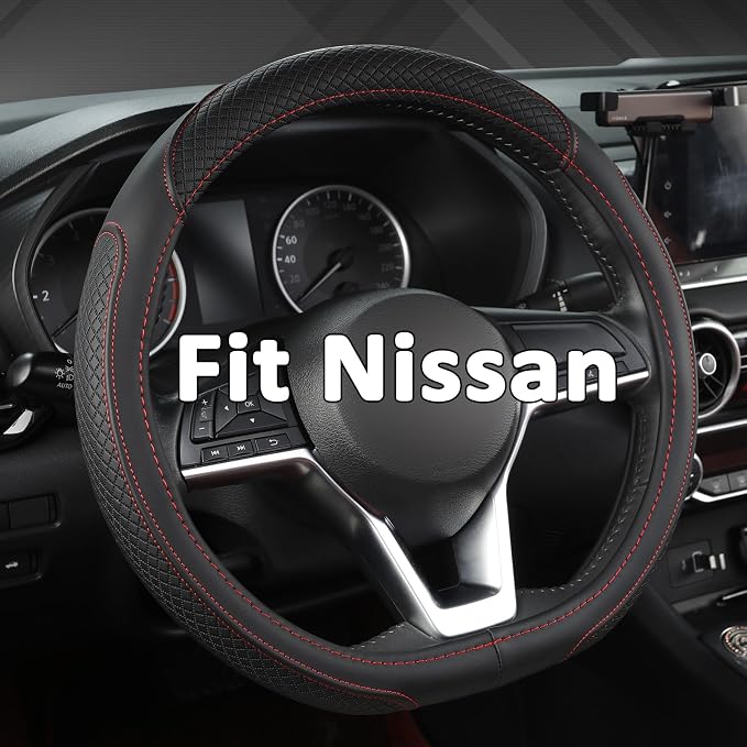West Llama Customized Auto Car Steering Wheel Cover for Nissan,D Shaped Steering Wheel Cover for Rogue,Altima,Kicks (D-Shaped-Black+Red Line)