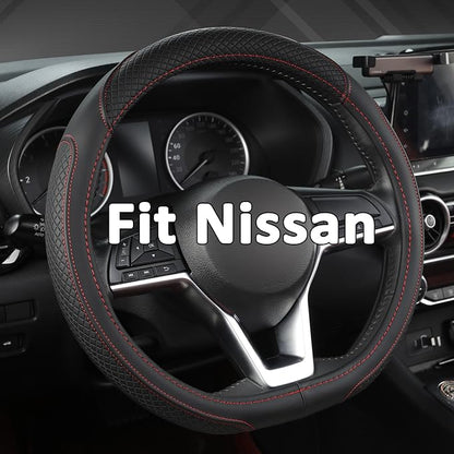 West Llama Customized Auto Car Steering Wheel Cover for Nissan,D Shaped Steering Wheel Cover for Rogue,Altima,Kicks (D-Shaped-Black+Red Line)