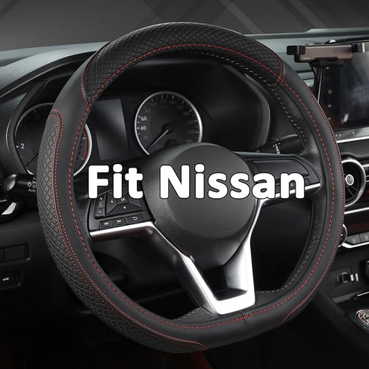 West Llama Customized Auto Car Steering Wheel Cover for Nissan,D Shaped Steering Wheel Cover for Rogue,Altima,Kicks (D-Shaped-Black+Red Line)