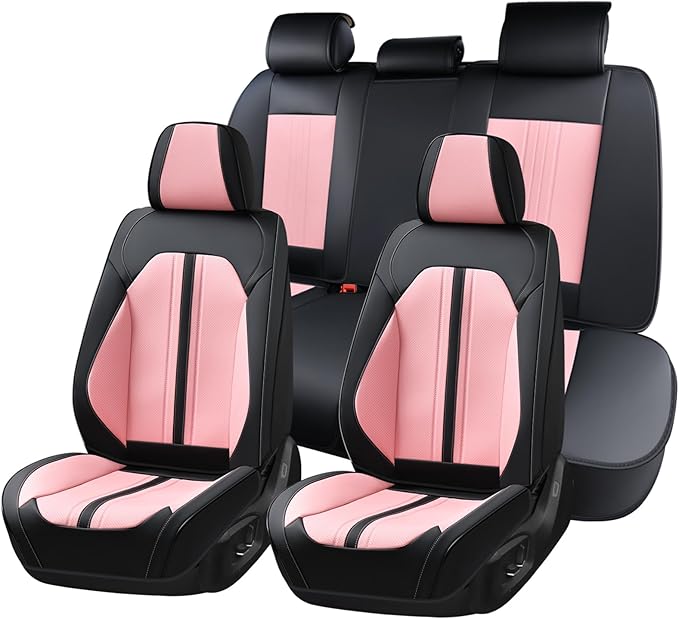 Huidasource Seat Covers Full Set, Luxury Faux Leather Seat Covers, Velcro Adjustable, with Airbags, Thinning Design Perforation Cooling＆Heating Universal Fit for Most Cars Vans Trucks SUVs, Black&Pink