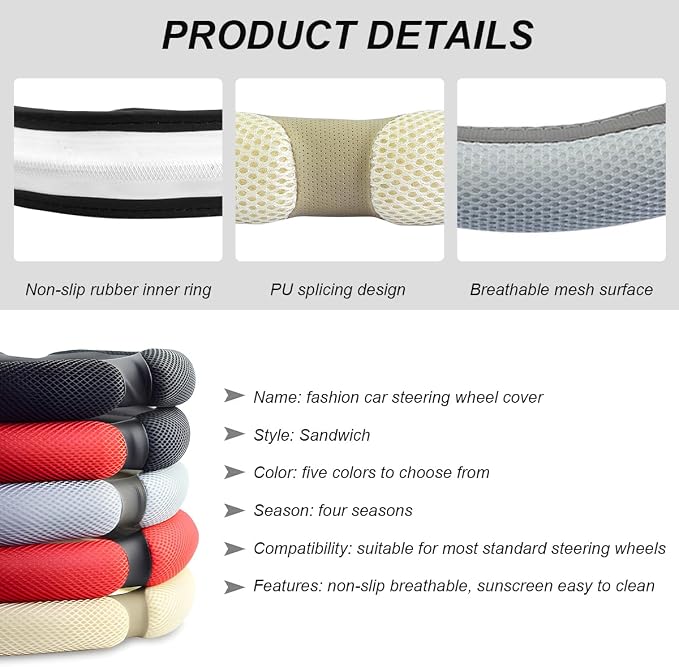 Car Steering Wheel Cover, 15" Anti-Slip Steering Wheel Protector Soft Hand Pad Cushion, Breathable Ice Silk Auto Wheel Wraps Comfy Grip All-Season Protector for Most Vehicles (Red)