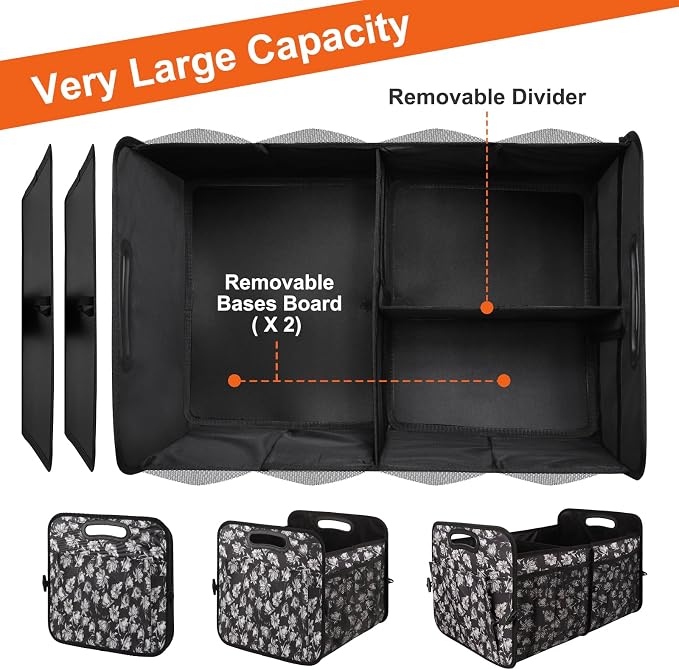 Trunk Organizer, Collapsible Trunk Organizers and Storage, Car Accessories for Women and Men, Multi-Compartment Trunk Storage Organizer for SUV, Car, Mini-Van - Floral