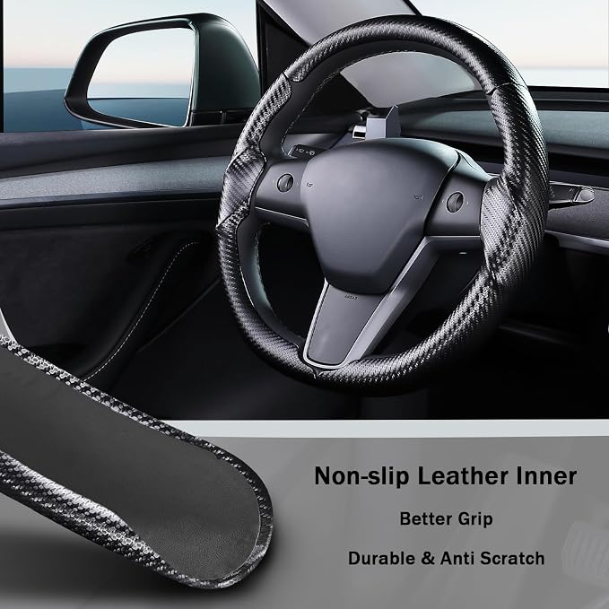 Steering Wheel Cover for 2017-2023 Tesla Model 3 2020-2024 Tesla Model Y, Carbon Fiber Steering Wheel Cover for Tesla Model 3/Y Accessories, Matte Black