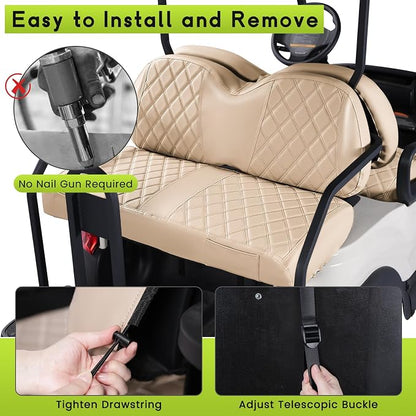 Full Set Golf Cart Seat Covers for Club Car Tempo OEM, Beige | Front & Rear Set (2-Piece), Premium Vinyl Leather Replacement Standard Cushion Covers, No Tools Needed & Easy to Clean