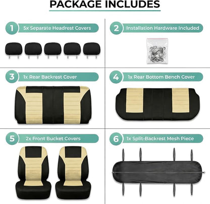 FH Group Automotive Car Seat Covers Full Set Premium 3D Air Mesh Front Seat Covers, Airbag Compatible & Split Bench Cover Universal Fit Interior Accessories for Cars Trucks and SUVs - Beige