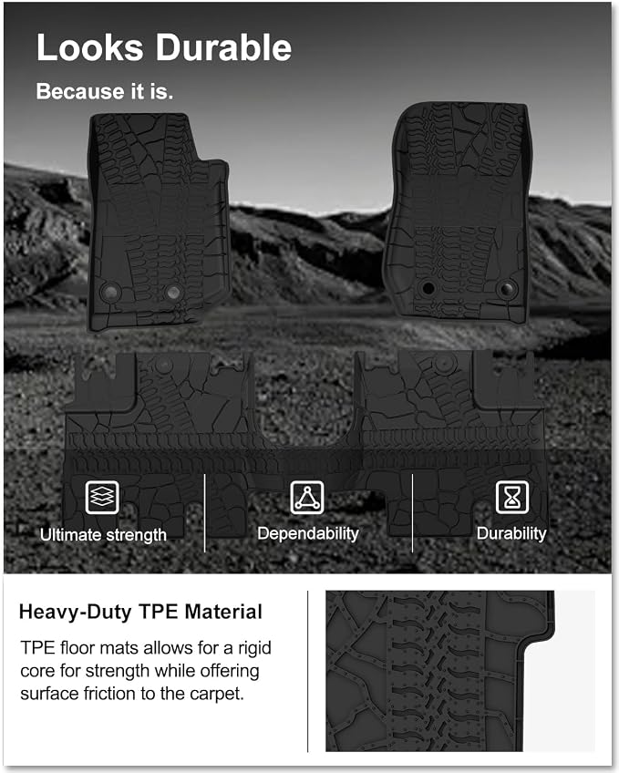 KIWI MASTER Floor Mats for 2014-2018 Jeep Wrangler JK 4-Door, OEM Replacement 82213860, Custom Fit All Weather Car Mats, Heavy Duty TPE Floor Liners, Front & Rear 2 Row, Black
