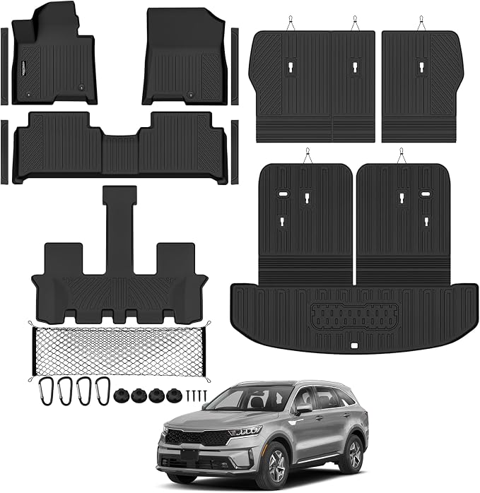 Tongama-Floor Mats for 2021-2026 Kia Sorento PHEV & Hybrid 7 Seats/Bench Seat, All Weather TPE Trunk Mat with Backrest Mat & 2nd Row Backrest Mats & Cargo Net & Door Sill Guards