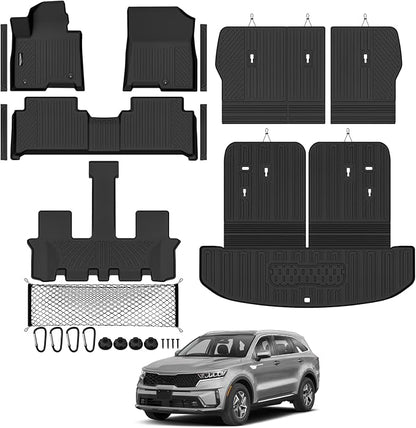 Tongama-Floor Mats for 2021-2026 Kia Sorento PHEV & Hybrid 7 Seats/Bench Seat, All Weather TPE Trunk Mat with Backrest Mat & 2nd Row Backrest Mats & Cargo Net & Door Sill Guards