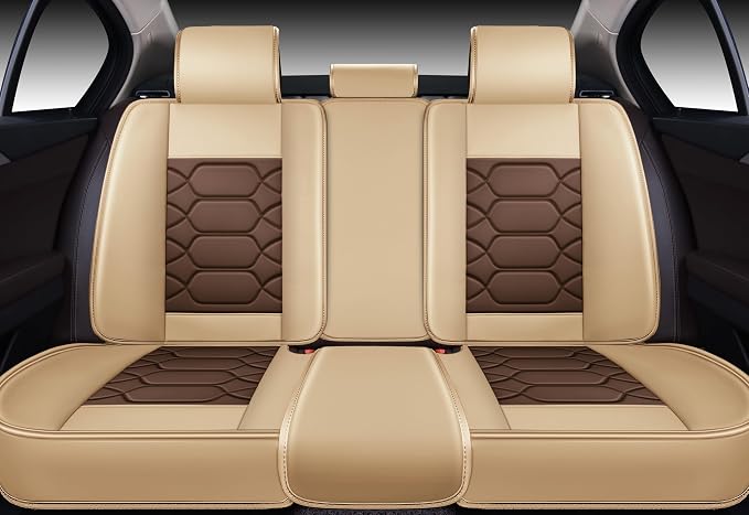 OASIS AUTO Car Seat Covers Full Set, Sporty Faux Leather with Honeycomb Pattern, Waterproof Universal Fit for SUV, Sedan, Pick-up Truck, Automotive Interior Accessories (OS-004 Coffee)