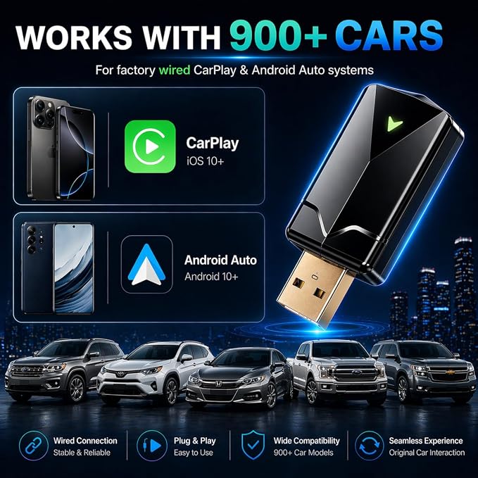 Wireless CarPlay Adapter– Android Auto Wireless Adapter, 5.8GHz Wi-Fi Plug & Play,Mini and Stable iOS 10+/Android 10+, Fast Auto-Connect for Cars 2016+ (1Pcs)